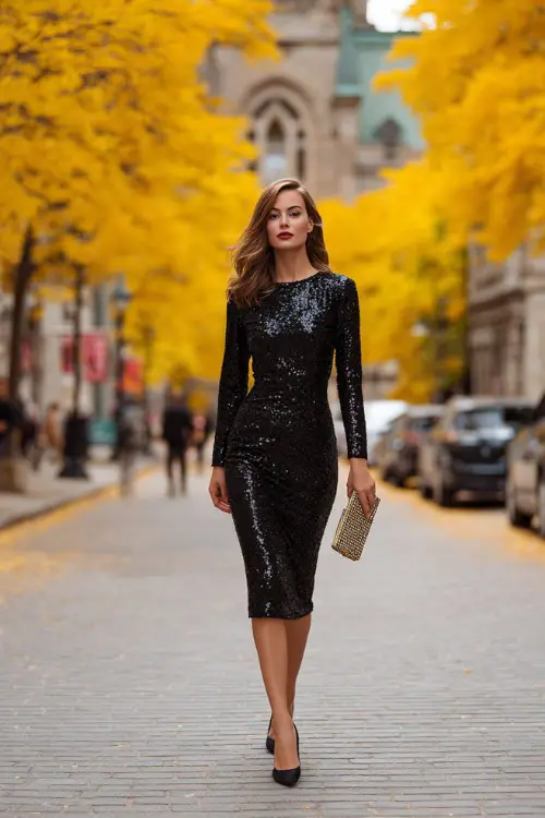A woman over 40 in a black sequin midi dress with elegant pumps and a sparkling clutch, walking confidently through a fall street decorated with golden leaves