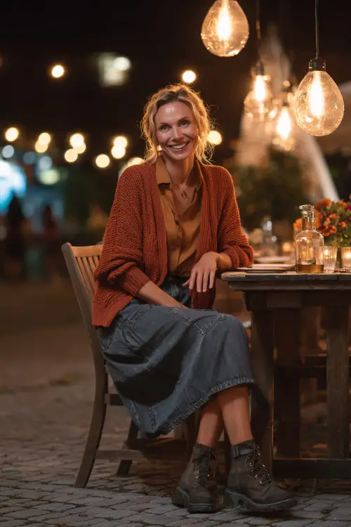 A woman over 40 in a denim midi skirt with a rust cardigan and ankle boots, enjoying a casual dinner outdoors under glowing fall lanterns