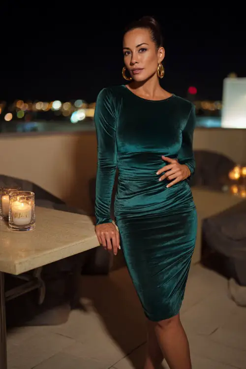 A woman over 40 in a fitted emerald green velvet dress with long sleeves, accessorized with hoop earrings and block heels, posing at a candlelit rooftop dinner lounge