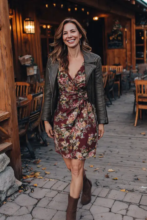 A woman over 40 in a floral wrap dress with ankle boots, carrying a leather jacket over her arm, smiling outside a rustic fall restaurant patio