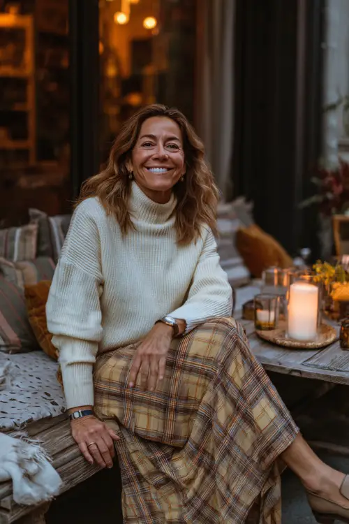 A woman over 40 in a plaid midi skirt with a cream turtleneck sweater and loafers, smiling while seated at a cozy fall café table decorated with candles