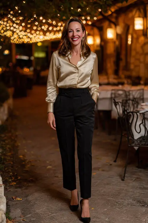 A woman over 40 in black tailored trousers paired with a champagne satin blouse and stilettos, smiling while walking through a glowing autumn restaurant patio 