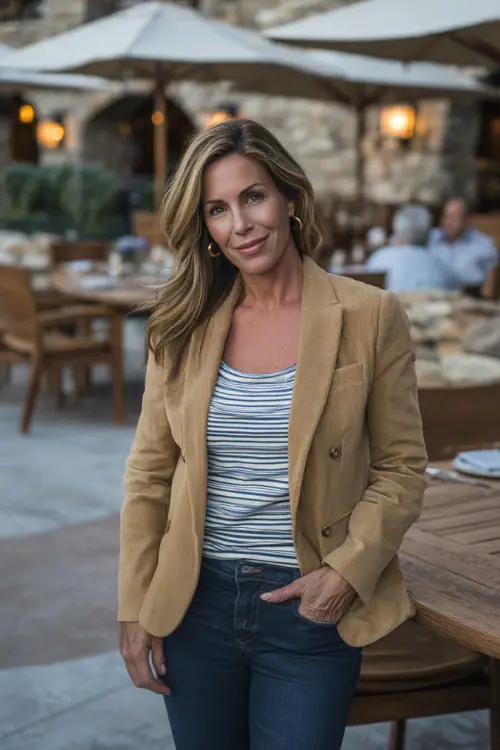A woman over 40 in dark blue jeans, a tailored camel blazer layered over a striped knit top, styled with loafers and gold earrings, posing at a casual outdoor fall dinner spot 
