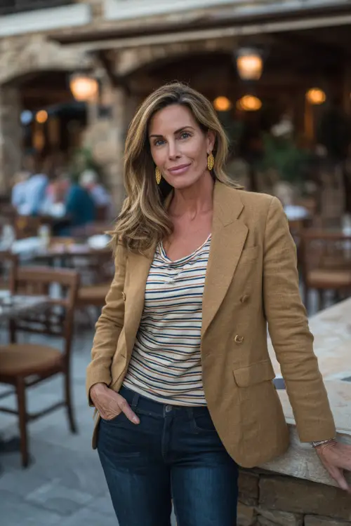 A woman over 40 in dark blue jeans, a tailored camel blazer layered over a striped knit top, styled with loafers and gold earrings, posing at a casual outdoor fall dinner spot
