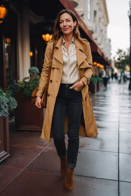 A woman over 40 in dark jeans, a camel trench coat layered over a silky blouse, styled with ankle boots and a crossbody bag, walking on an autumn city street lined with lanterns 