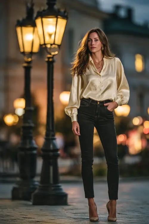 A woman over 40 in dark skinny jeans with a cream silk blouse and pointed heels, styled with gold jewelry, standing on a lantern-lit autumn street after dinner