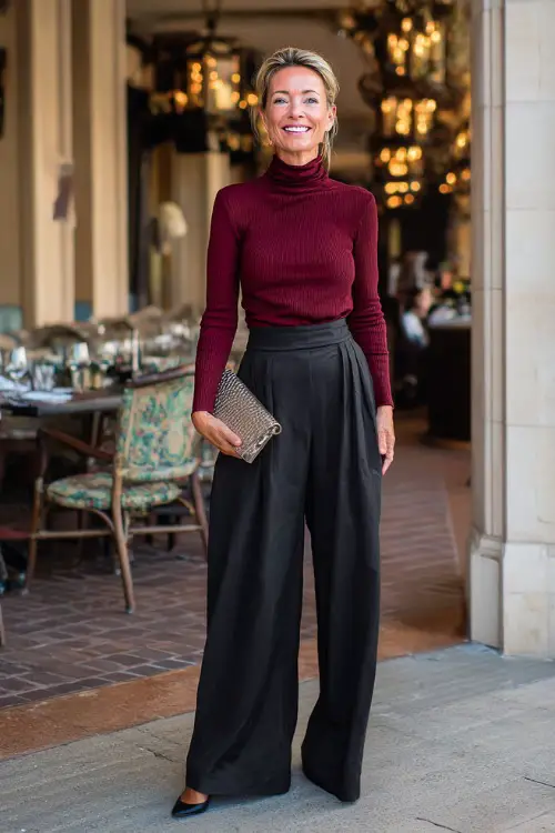 A woman over 40 in wide-leg black trousers with a fitted maroon knit top and metallic heels, accessorized with a clutch, entering a chic autumn bistro 