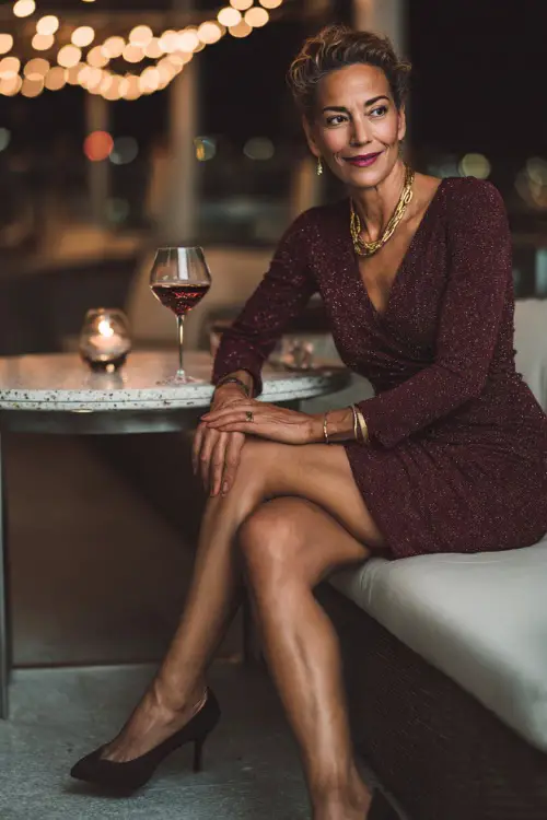 A woman over 50 in a burgundy long-sleeve cocktail dress with subtle sparkle, styled with elegant black pumps and gold jewelry, posing at a candlelit rooftop dinner lounge