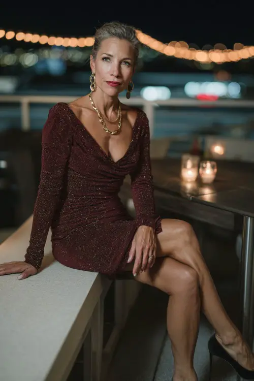 A woman over 50 in a burgundy long-sleeve cocktail dress with subtle sparkle, styled with elegant black pumps and gold jewelry, posing at a candlelit rooftop dinner lounge