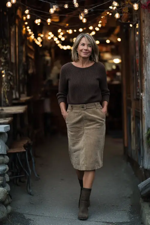A woman over 50 in a casual corduroy skirt with a fitted knit sweater and ankle boots, walking into a rustic fall bistro with string lights glowing overhead 