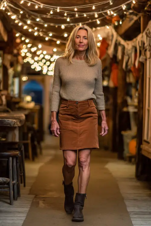 A woman over 40 in a casual corduroy skirt with a fitted knit sweater and ankle boots, walking into a rustic fall bistro with string lights glowing overhead