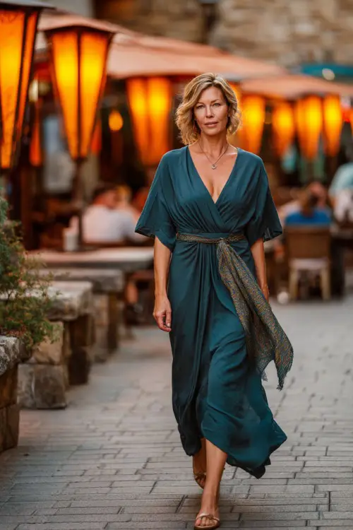 A woman over 50 in a dark teal maxi dress with flutter sleeves, paired with a wrap shawl and elegant sandals, walking confidently near an upscale restaurant with glowing autumn lamps