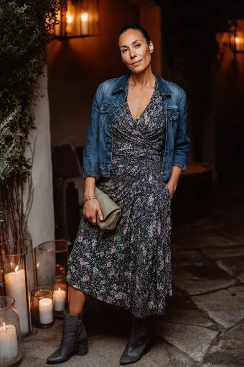 A woman over 50 in a floral wrap midi dress with a denim jacket and ankle boots, holding a clutch while standing near a candlelit outdoor terrace 