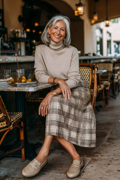 A woman over 50 in a plaid midi skirt with a beige turtleneck sweater and loafers, smiling while seated at a cozy outdoor fall café 