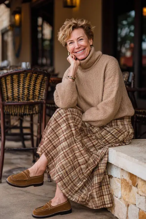 A woman over 50 in a plaid midi skirt with a beige turtleneck sweater and loafers, smiling while seated at a cozy outdoor fall café