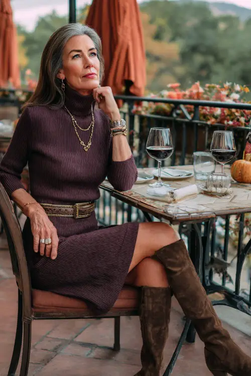 A woman over 50 in a plum-colored knit sweater dress cinched with a belt, paired with suede boots and delicate jewelry, dining at an outdoor terrace with fall décor
