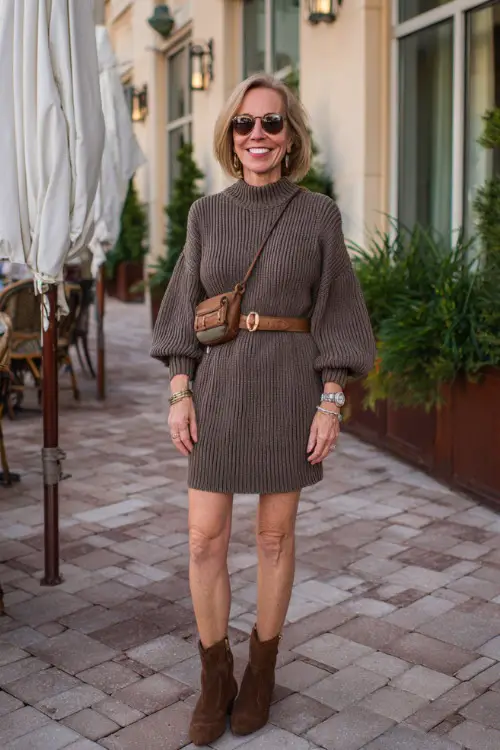 A woman over 50 in a ribbed knit sweater dress with a belt, paired with brown ankle boots and a crossbody bag, standing on a glowing autumn sidewalk café terrace 