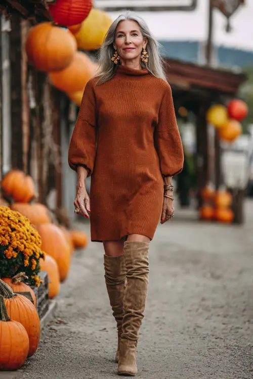 A woman over 50 in a rust-colored sweater dress with suede knee-high boots and gold earrings, walking along an autumn street decorated with pumpkins and lanterns