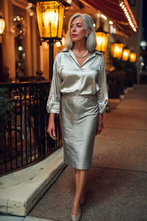 A woman over 50 in a silver satin blouse tucked into a midi skirt, paired with metallic heels and a pearl necklace, walking toward a stylish dinner bistro glowing with lanterns