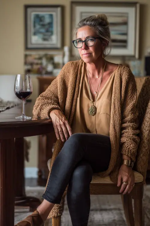 A woman over 50 in black jeans with a camel cardigan layered over a silky blouse, styled with low heels and a pendant necklace, enjoying a glass of wine at a cozy dinner table