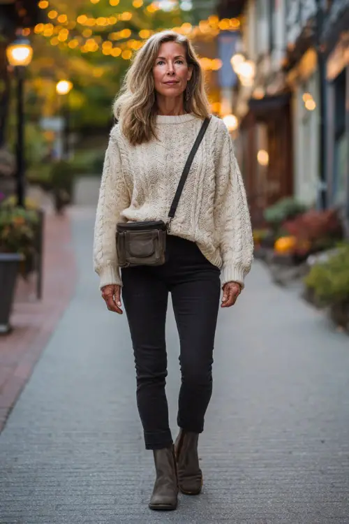 A woman over 50 in dark skinny jeans, a cream knit sweater, and ankle boots, holding a small crossbody bag while walking down a lantern-lit fall street 