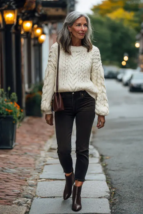 A woman over 50 in dark skinny jeans, a cream knit sweater, and ankle boots, holding a small crossbody bag while walking down a lantern-lit fall street 