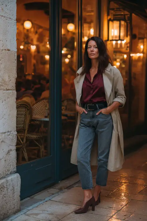 A woman over 50 in straight-leg jeans paired with a burgundy blouse and block heels, carrying a light trench coat while standing near a bistro entrance with glowing lights 