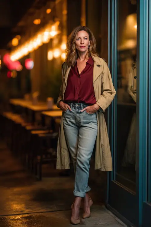 A woman over 50 in straight-leg jeans paired with a burgundy blouse and block heels, carrying a light trench coat while standing near a bistro entrance with glowing lights