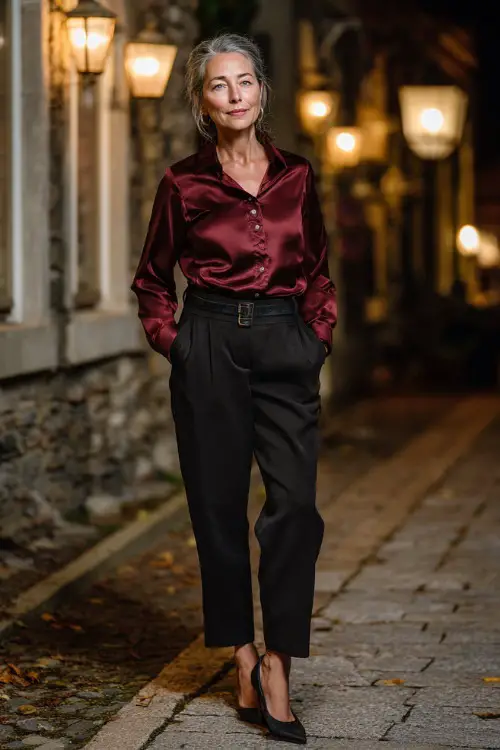A woman over 50 in tailored black trousers paired with a satin burgundy blouse and pointed heels, standing confidently on a lantern-lit autumn street after dinner 