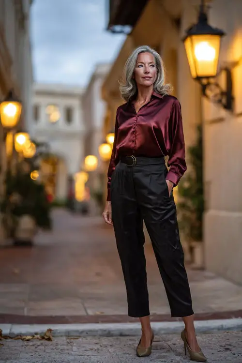 A woman over 50 in tailored black trousers paired with a satin burgundy blouse and pointed heels, standing confidently on a lantern-lit autumn street after dinner