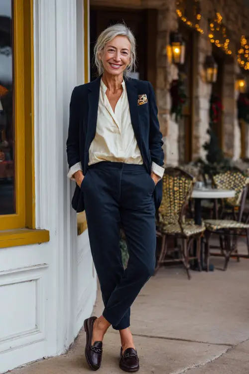 A woman over 50 in tailored dark jeans with a chic navy blazer layered over a cream blouse, styled with loafers, smiling outside a lively fall café 