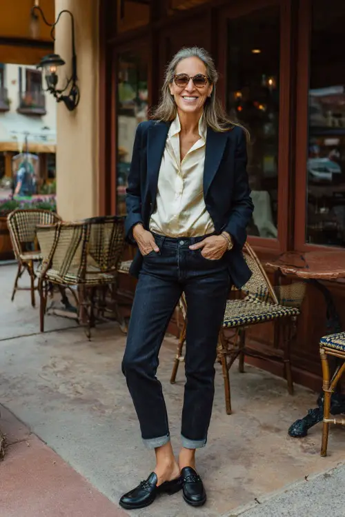 A woman over 50 in tailored dark jeans with a chic navy blazer layered over a cream blouse, styled with loafers, smiling outside a lively fall café