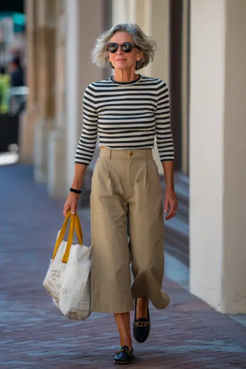 A woman over 50 in wide-leg trousers with a tucked-in striped knit top and loafers, carrying a tote bag while heading to a casual fall dinner spot