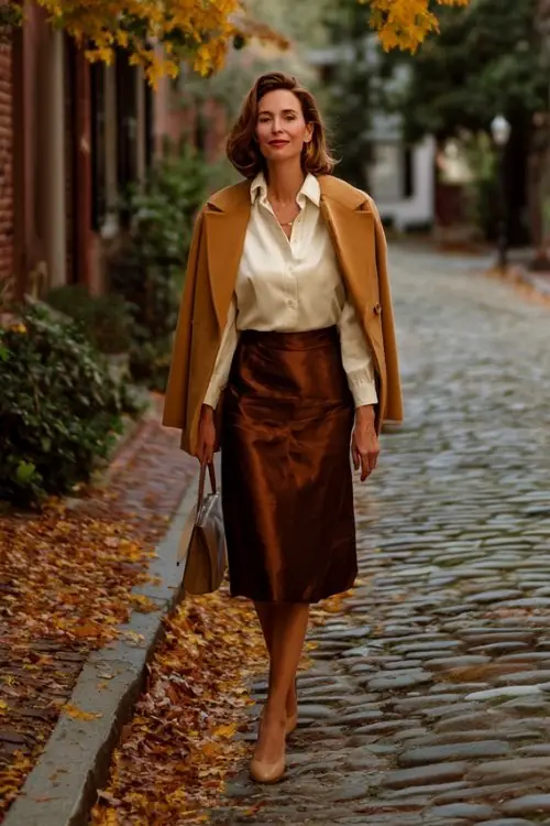 A woman over 50 wears a casual fall date night outfit with a chocolate satin skirt, ivory blouse, and camel coat