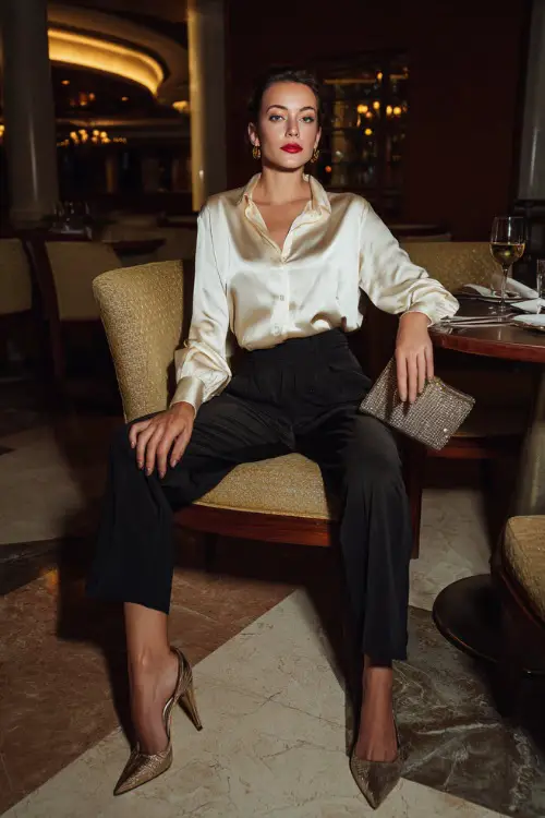 A woman wearing a cream satin blouse tucked into tailored black pants with heeled sandals and a metallic clutch, sitting in an elegant dinner lounge 