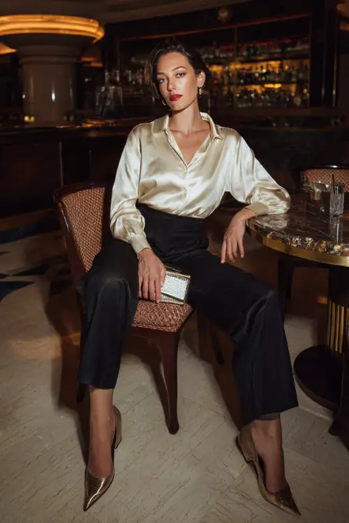 A woman wearing a cream satin blouse tucked into tailored black pants with heeled sandals and a metallic clutch, sitting in an elegant dinner lounge 