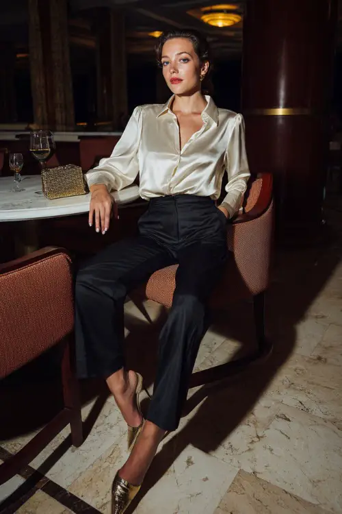 A woman wearing a cream satin blouse tucked into tailored black pants with heeled sandals and a metallic clutch, sitting in an elegant dinner lounge
