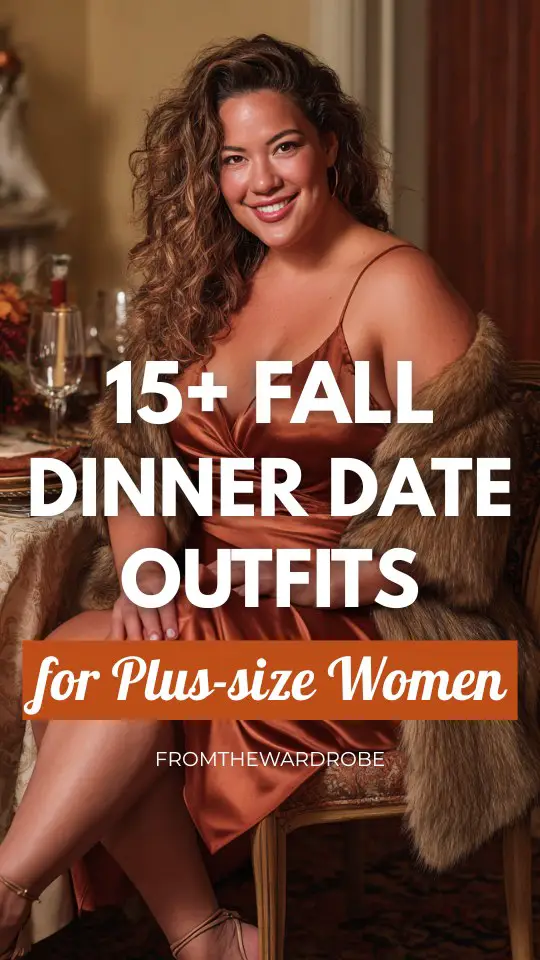 a plus size woman wears a rust dress and a fur shawl outfit for a fall dinner date night