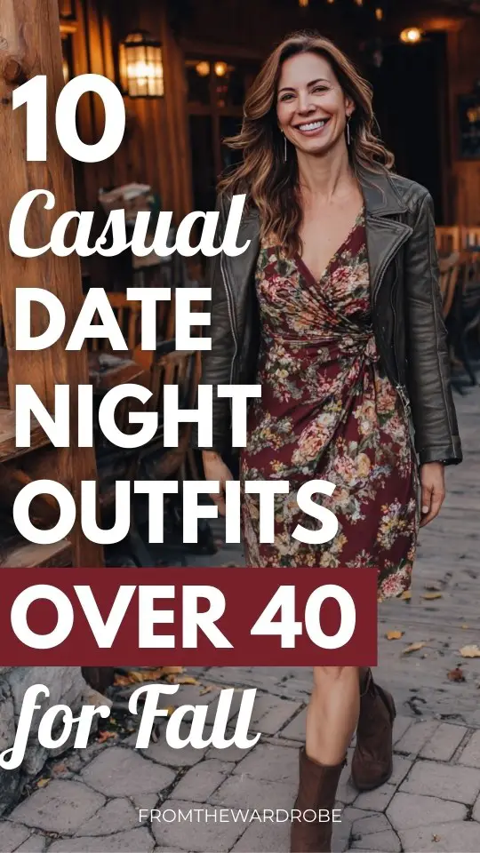 a woman over 40 wears a casual fall date night outfit with a floral dress, a leather jacket and boots