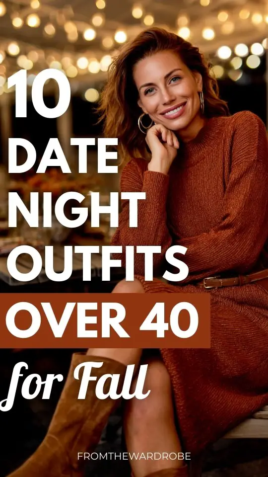 a woman over 40 wears a rust sweater dress with boots outfit for a fall date night