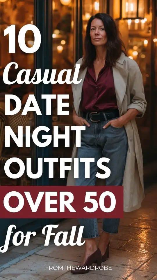 a woman over 50 wears a casual fall date night outfit with a red top, a coat and jeans