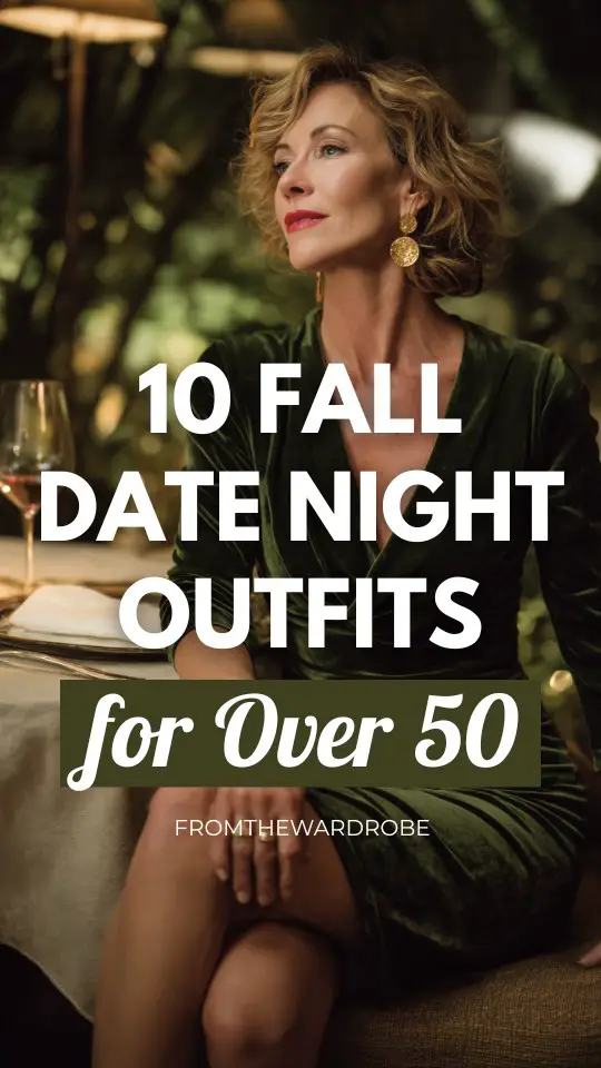 a woman over 50 wears a fall date night outfit with a green dress
