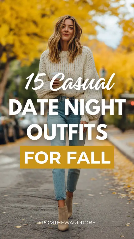 a woman wears a casual date night outfit with a cream sweater, jeans and boots for fall