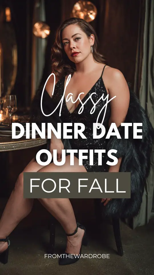 a woman wears a classy dinner date outfit for fall with a sparkling black dress and a fur coat