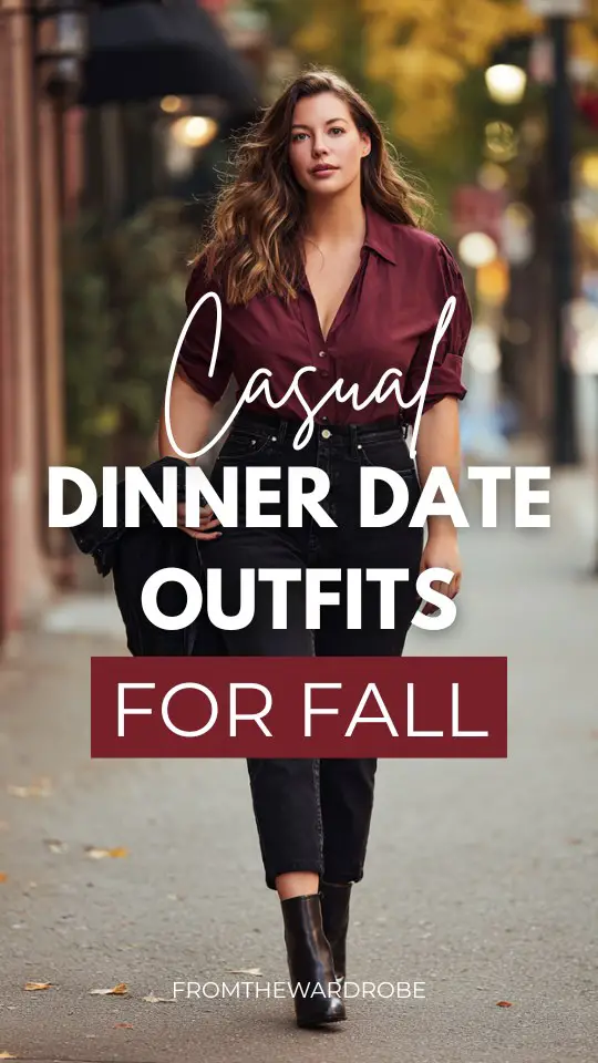 a woman wears a maroon shirt with black pants outfit for a casual dinner date in fall