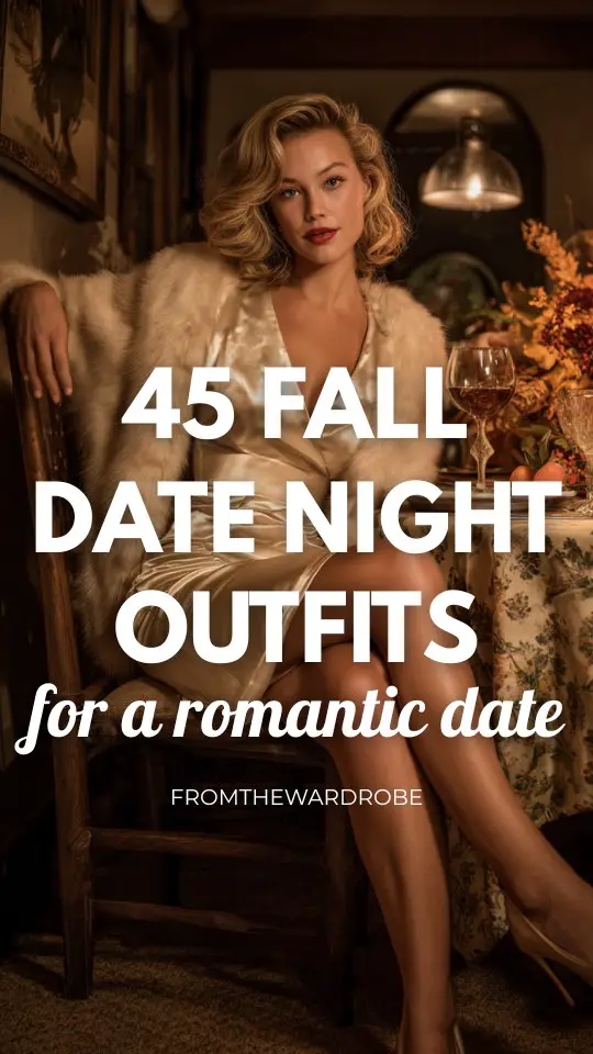 a woman wears a satin champagne dress with a fur coat outfit for a fall date night