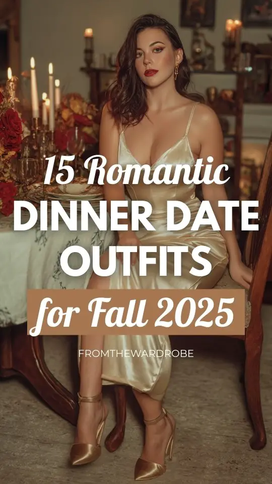 a woman wears a satin dress with gold heels outfit for a romantic dinner date night in fall