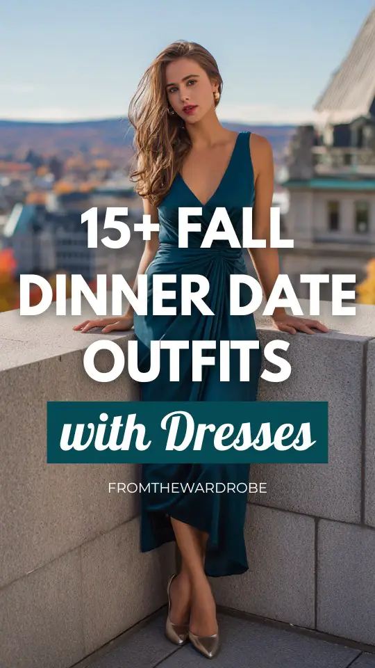 a woman wears a teal dress with silver pumps outfit for a fall dinner date night