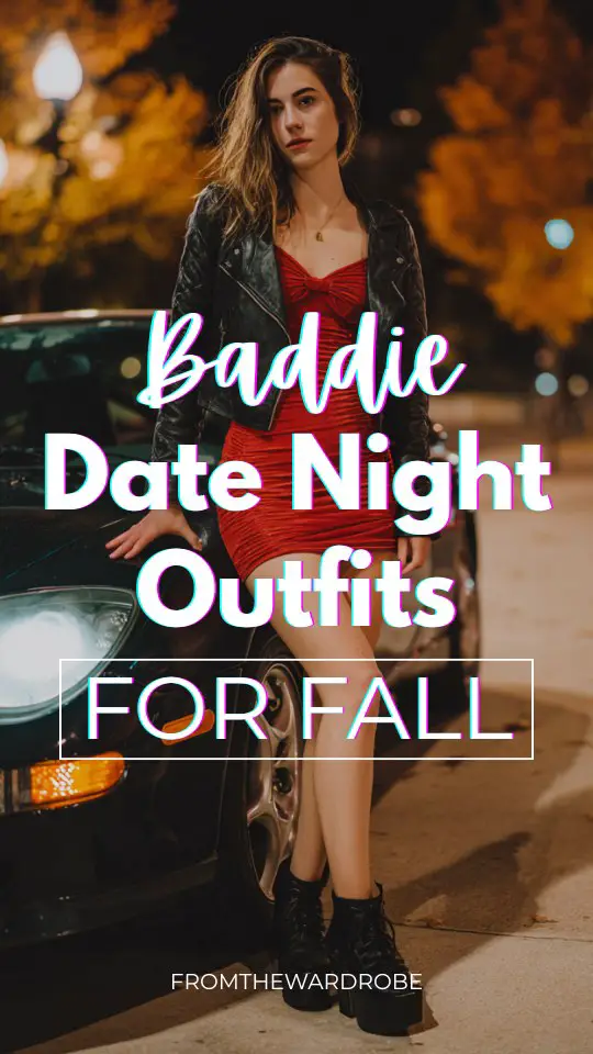 woman wears a baddie date night outfit for fall with a red dress, a black leather jacket and black boots