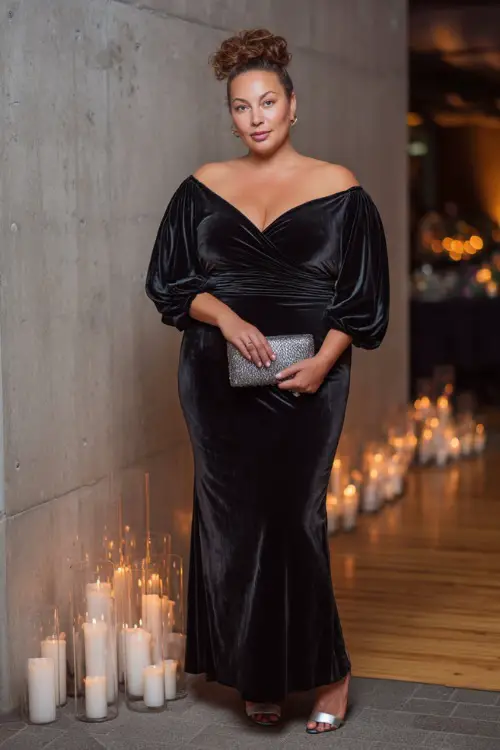 A plus-size woman wears a black velvet gown with bishop sleeves and a cinched waist, styled with metallic heels and a matching clutch 